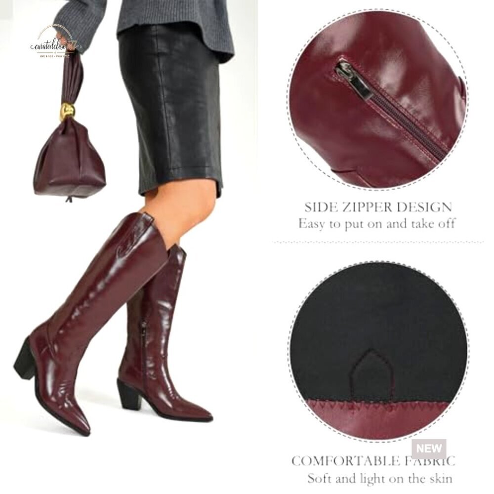 Women's Knee High Cowboy Boots Chunky Heel Side Zipper Western Style - Picture 5 of 7